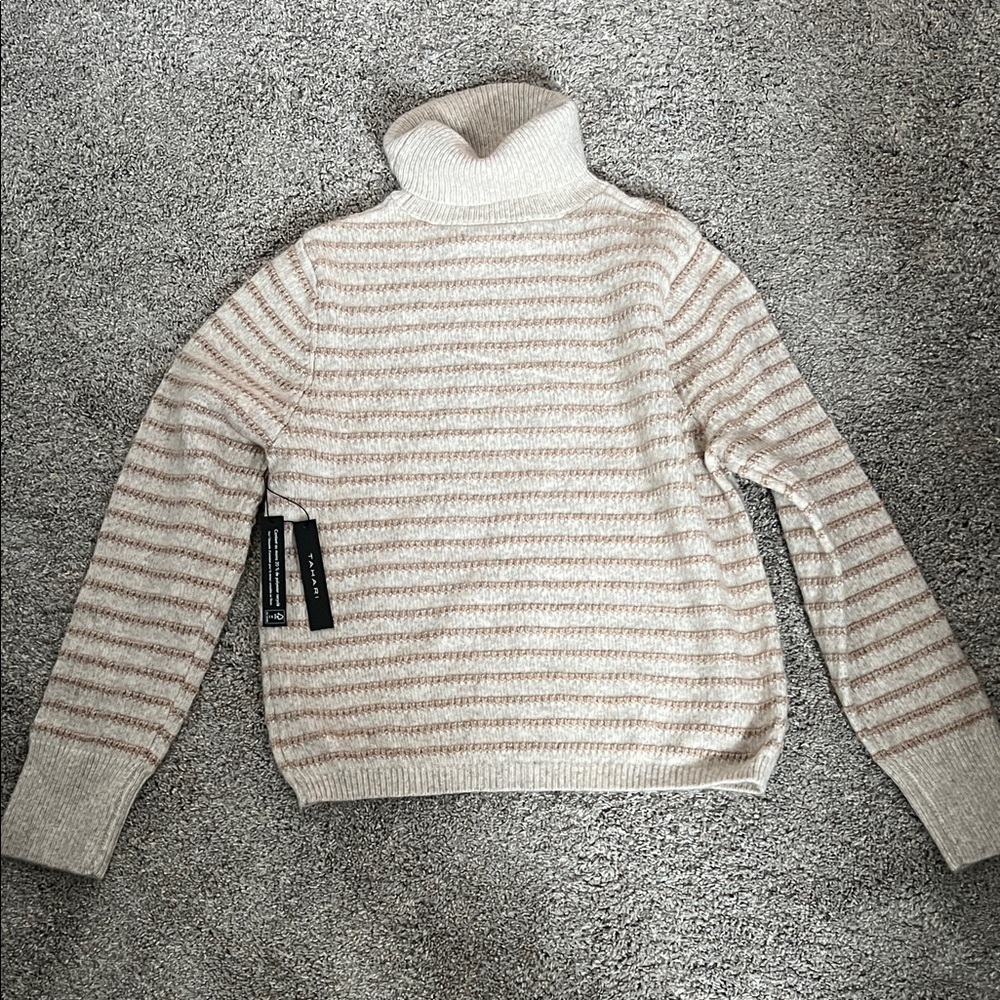 Tahari Cream and Tan Striped Turtleneck Neck Sweater